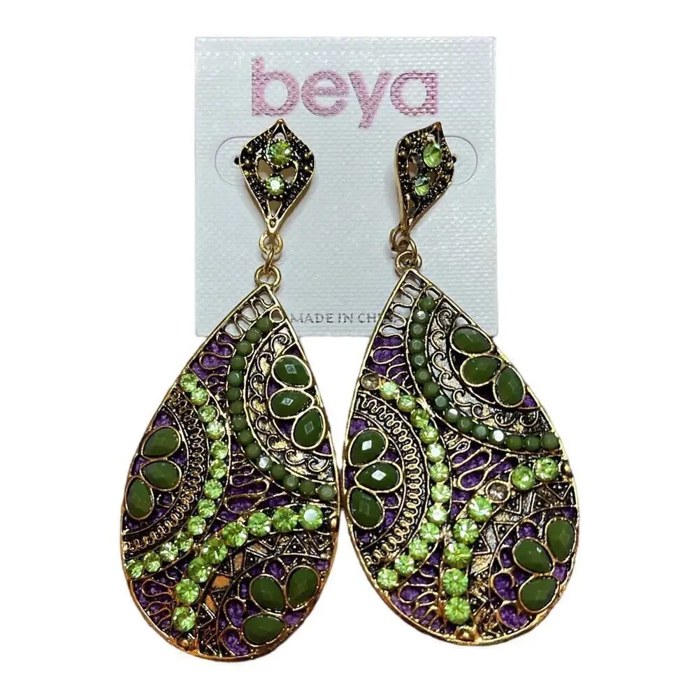 Beya Green Rhinestones Gold Hanging Earrings 3